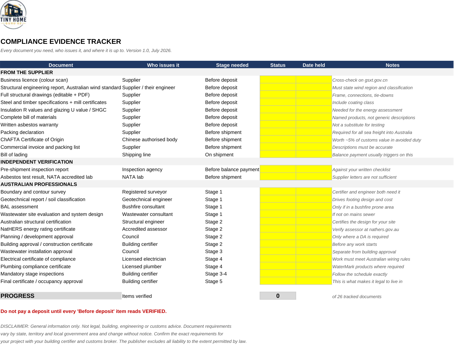 Preview from the Compliance Evidence Tracker file