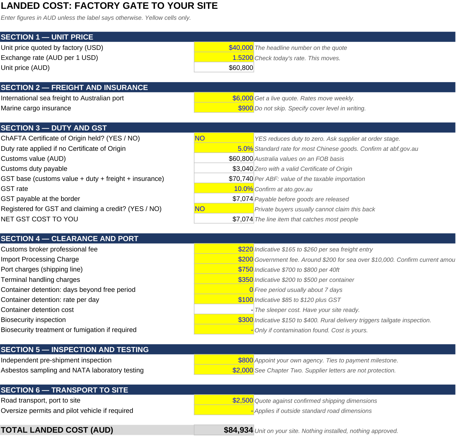 Preview from the Landed Cost Calculator file